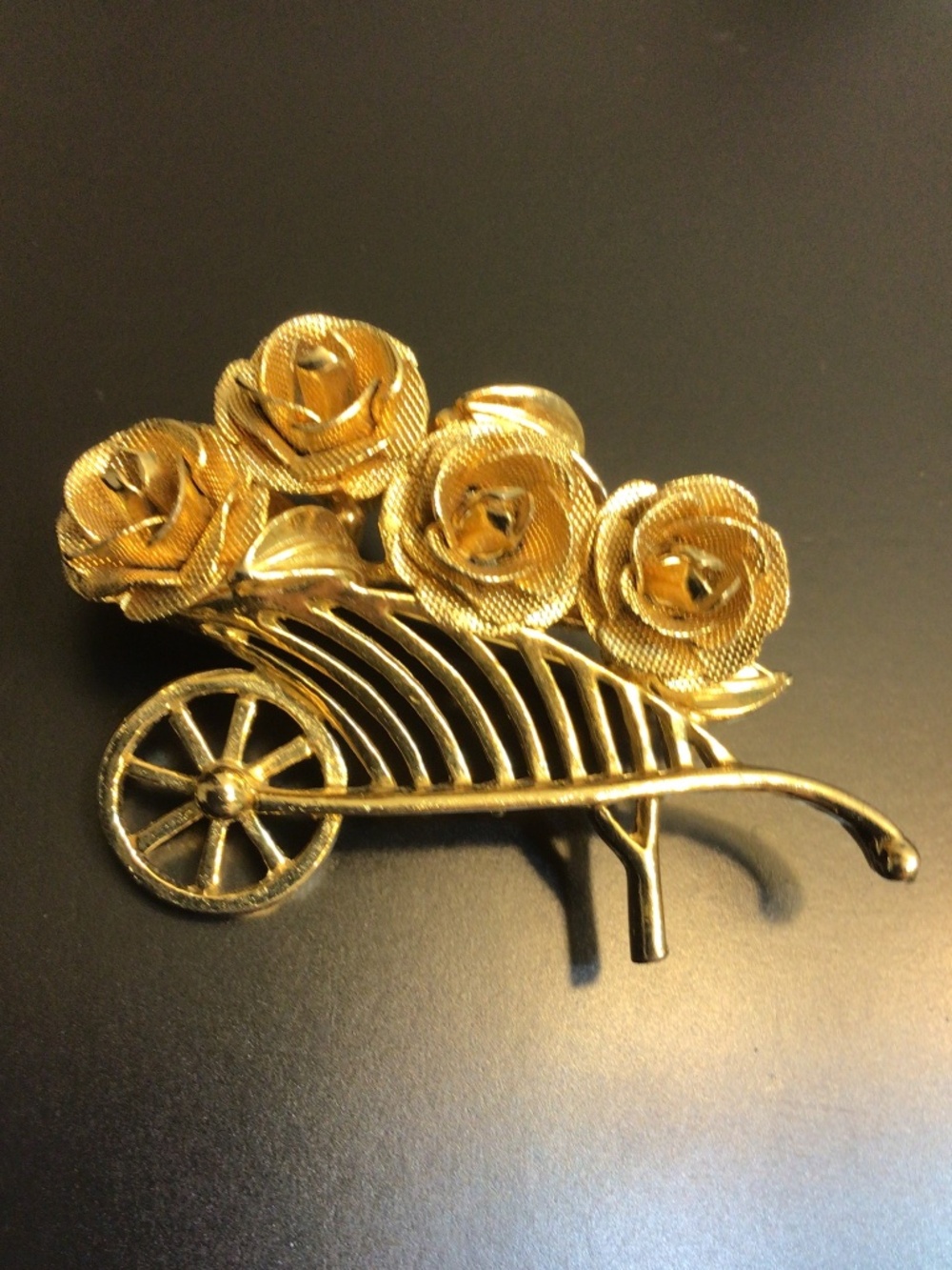 Vintage Brooks Brooch Pin Gold Tone Flower Cart Cottage Core Gardener